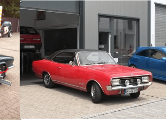 Roter Opel Commodore Youngtimer vor der Werkstatt